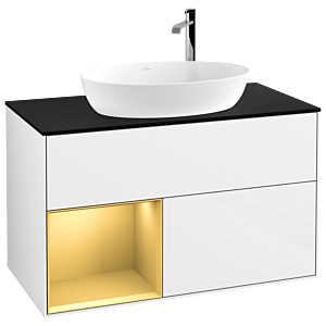 Villeroy und Boch Finion Waschtischunterschrank G892HFGF 100cm, Abdeckplatte black matt, Emotion, Regale Gold matt lacquer, Glossy white lacquer