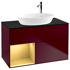 Villeroy et Boch Finion Villeroy et Boch G892HFHB 100cm, plaque de recouvrement noir mat, Emotion, étagères laqué mat or, Peony Matt