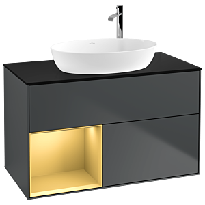 Villeroy und Boch Finion Waschtischunterschrank G892HFHG 100cm, Abdeckplatte black matt, Emotion, Regale Gold matt lacquer, Midnight Blue Matt Lacquer