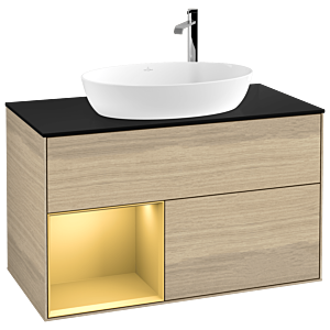 Villeroy und Boch Finion Waschtischunterschrank G892HFPC 100cm, Abdeckplatte black matt, Emotion, Regale Gold matt lacquer, Oak Veneer