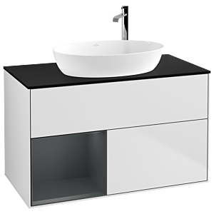 Villeroy et Boch Finion Villeroy et Boch G892HGMT 100cm, plaque de recouvrement noir mat, Emotion, étagères laqué mat Midnight, laqué blanc mat
