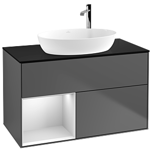 Villeroy et Boch Finion Villeroy et Boch G892MTGK 100cm, plaque de recouvrement noir mat, Emotion, étagères laqué blanc mat, anthracite mat