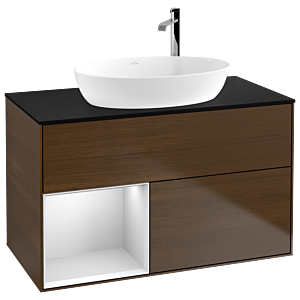 Villeroy und Boch Finion Waschtischunterschrank G892MTGN 100cm, Abdeckplatte black matt, Emotion, Regale White matt lacquer, Walnut veneer