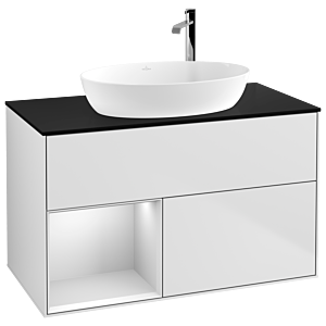 Villeroy et Boch Finion Villeroy et Boch G892MTMT 100cm, plaque de recouvrement noir mat, Emotion, étagères laqué blanc mat, laqué blanc mat