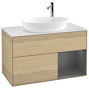 Villeroy und Boch Finion Waschtischunterschrank G901GKPC 100cm, Abdeckplatte white matt, Emotion, Regale Anthracite matt lacquer, Oak Veneer