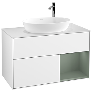 Villeroy et Boch Finion Villeroy et Boch G901GMGF 100cm, plaque de recouvrement blanc mat, Emotion, étagères laqué olive mat, laqué blanc brillant