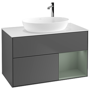 Villeroy und Boch Finion Waschtischunterschrank G901GMGK 100cm, Abdeckplatte white matt, Emotion, Regale Olive matt lacquer, Anthracite matt