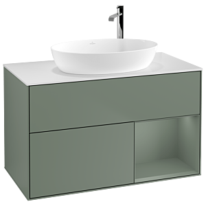 Villeroy und Boch Finion Waschtischunterschrank G901GMGM 100cm, Abdeckplatte white matt, Emotion, Regale Olive matt lacquer, Olive Matt Lacquer