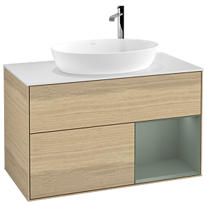 Villeroy und Boch Finion Waschtischunterschrank G901GMPC 100cm, Abdeckplatte white matt, Emotion, Regale Olive matt lacquer, Oak Veneer