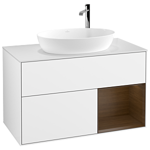Villeroy und Boch Finion Waschtischunterschrank G901GNGF 100cm, Abdeckplatte white matt, Emotion, Regale Walnut Veneer, Glossy white lacquer