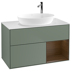 Villeroy und Boch Finion Waschtischunterschrank G901GNGM 100cm, Abdeckplatte white matt, Emotion, Regale Walnut Veneer, Olive Matt Lacquer