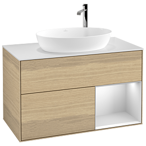Villeroy et Boch Finion Villeroy et Boch G901MTPC 100cm, plaque de recouvrement blanc mat, Emotion, étagères laqué blanc mat, Oak Veneer