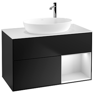 Villeroy et Boch Finion Villeroy et Boch G901MTPD 100cm, plaque de recouvrement blanc mat, Emotion, étagères laqué blanc mat, laqué noir mat