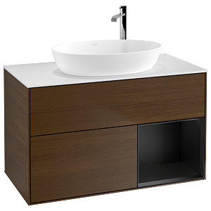 Villeroy und Boch Finion Waschtischunterschrank G901PDGN 100cm, Abdeckplatte white matt, Emotion, Regale Black matt lacquer, Walnut veneer
