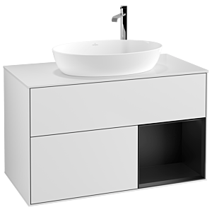 Villeroy et Boch Finion Villeroy et Boch G901PDMT 100cm, plaque de recouvrement blanc mat, Emotion, étagères laqué noir mat, laqué blanc mat