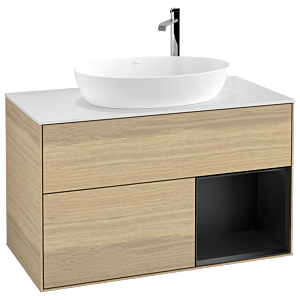 Villeroy et Boch Finion Villeroy et Boch G901PDPC 100cm, plaque de recouvrement blanc mat, Emotion, étagères laqué noir mat, Oak Veneer