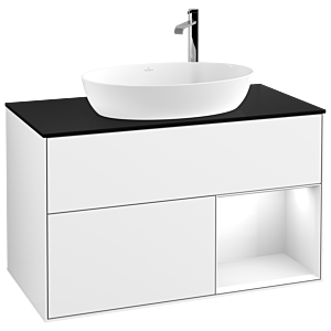 Villeroy und Boch Finion Waschtischunterschrank G902GFGF 100cm, Abdeckplatte black matt, Emotion, Regale Glossy white lacquer, Glossy white lacquer