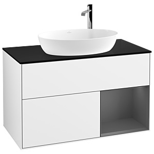 Villeroy und Boch Finion Waschtischunterschrank G902GKGF 100cm, Abdeckplatte black matt, Emotion, Regale Anthracite matt lacquer, Glossy white lacquer