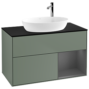 Villeroy et Boch Finion G902GKGM 100cm, plaque de recouvrement noire mate, Emotion, étagères Olive Matt Lacquer anthracite mat, Olive Matt Lacquer