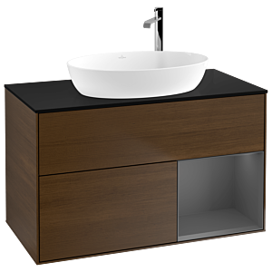 Villeroy und Boch Finion Waschtischunterschrank G902GKGN 100cm, Abdeckplatte black matt, Emotion, Regale Anthracite matt lacquer, Walnut veneer