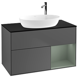 Villeroy und Boch Finion Waschtischunterschrank G902GMGK 100cm, Abdeckplatte black matt, Emotion, Regale Olive matt lacquer, Anthracite matt