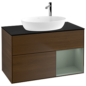Villeroy et Boch Finion Villeroy et Boch G902GMGN 100cm, plaque de recouvrement noire mate, Emotion, étagères laquées olive, placage noyer
