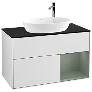 Villeroy et Boch Finion Villeroy et Boch G902GMMT 100cm, plaque de recouvrement noir mat, Emotion, étagères laqué olive mat, laqué blanc mat