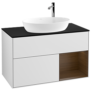 Villeroy et Boch Finion G902GNMT 100cm, plaque de recouvrement noire mate, Emotion, étagères Walnut Veneer , laqué blanc mat