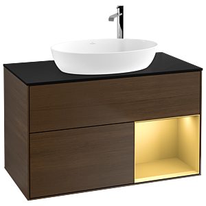 Villeroy and Boch Finion Villeroy and Boch Finion G902HFGN 100cm, cover plate black matt, Emotion, shelves gold matt lacquer, walnut veneer