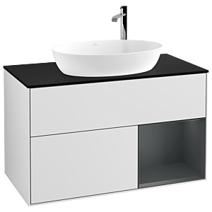 Villeroy et Boch Finion Villeroy et Boch G902HGMT 100cm, plaque de recouvrement noir mat, Emotion, étagères laqué mat Midnight, laqué blanc mat