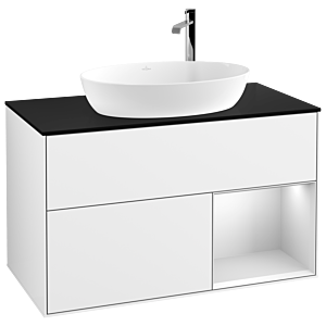 Villeroy und Boch Finion Waschtischunterschrank G902MTGF 100cm, Abdeckplatte black matt, Emotion, Regale White matt lacquer, Glossy white lacquer