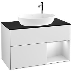 Villeroy et Boch Finion Villeroy et Boch G902MTMT 100cm, plaque de recouvrement noir mat, Emotion, étagères laqué blanc mat, laqué blanc mat