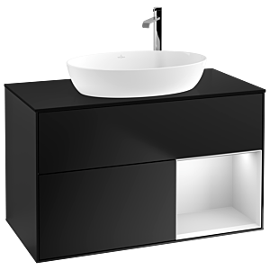Villeroy et Boch Finion Villeroy et Boch G902MTPD 100cm, plaque de recouvrement noir mat, Emotion, étagères laqué blanc mat, laqué noir mat