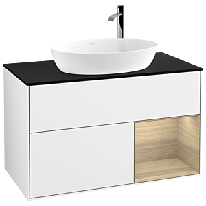 Villeroy et Boch Finion G902PCGF 100cm, plaque de recouvrement noire mate, Emotion, étagères Oak Veneer , laqué blanc brillant