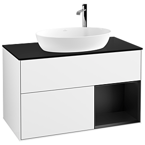 Villeroy et Boch Finion Villeroy et Boch G902PDGF 100cm, plaque de recouvrement noire mate, Emotion, étagères en laque noire mate, laque blanche brillante