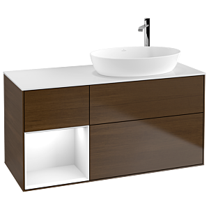 Villeroy et Boch Finion Villeroy et Boch G921GFGN 120cm, plaque de recouvrement blanc mat, emotion, étagères laqué blanc brillant, placage noyer