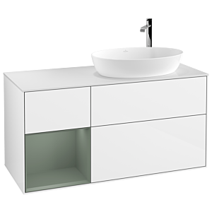 Villeroy et Boch Finion Villeroy et Boch G921GMGF 120cm, plaque de recouvrement blanc mat, Emotion, étagères laqué olive mat, laqué blanc brillant