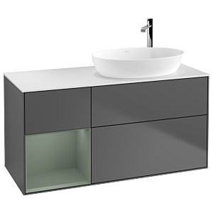 Villeroy und Boch Finion Waschtischunterschrank G921GMGK 120cm, Abdeckplatte white matt, Emotion, Regale Olive matt lacquer, Anthracite matt