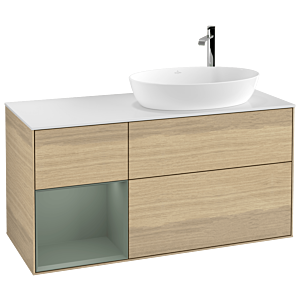 Villeroy und Boch Finion Waschtischunterschrank G921GMPC 120cm, Abdeckplatte white matt, Emotion, Regale Olive matt lacquer, Oak Veneer