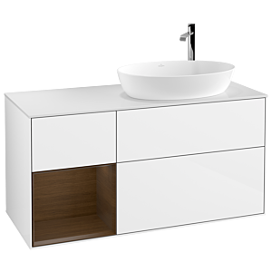 Villeroy und Boch Finion Waschtischunterschrank G921GNGF 120cm, Abdeckplatte white matt, Emotion, Regale Walnut Veneer, Glossy white lacquer