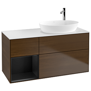 Villeroy und Boch Finion Waschtischunterschrank G921PDGN 120cm, Abdeckplatte white matt, Emotion, Regale Black matt lacquer, Walnut veneer