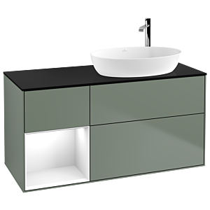 Villeroy und Boch Finion Waschtischunterschrank G922GFGM 120cm, Abdeckplatte black matt, Emotion, Regale Glossy white lacquer, Olive Matt Lacquer