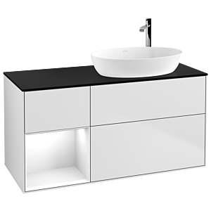 Villeroy und Boch Finion Waschtischunterschrank G922GFMT 120cm, Abdeckplatte black matt, Emotion, Regale Glossy white lacquer, White matt lacquer