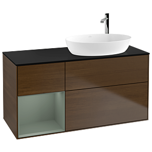 Villeroy und Boch Finion Waschtischunterschrank G922GMGN 120cm, Abdeckplatte black matt, Emotion, Regale Olive matt lacquer, Walnut veneer