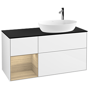 Villeroy et Boch Finion G922PCGF 120cm, plaque de recouvrement noire mate, Emotion, étagères Oak Veneer , laqué blanc brillant