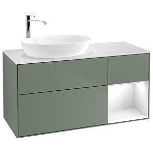 Villeroy und Boch Finion Waschtischunterschrank G931GFGM 120cm, Abdeckplatte white matt, Emotion, Regale Glossy white lacquer, Olive Matt Lacquer
