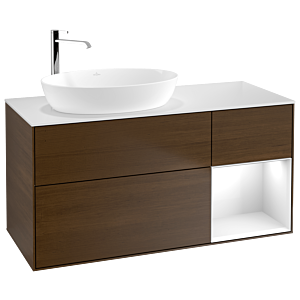 Villeroy et Boch Finion Villeroy et Boch G931GFGN 120cm, plateau blanc mat, Emotion, étagères laqué blanc brillant, placage noyer