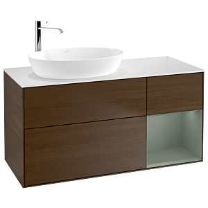 Villeroy und Boch Finion Waschtischunterschrank G931GMGN 120cm, Abdeckplatte white matt, Emotion, Regale Olive matt lacquer, Walnut veneer