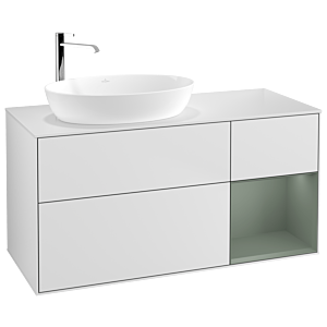 Villeroy und Boch Finion Waschtischunterschrank G931GMMT 120cm, Abdeckplatte white matt, Emotion, Regale Olive matt lacquer, White matt lacquer