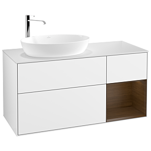 Villeroy und Boch Finion Waschtischunterschrank G931GNGF 120cm, Abdeckplatte white matt, Emotion, Regale Walnut Veneer, Glossy white lacquer